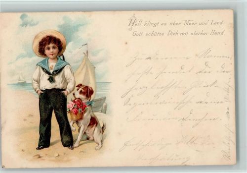 Junge im Matrosenanzug, Hund mit einem Blumenkorb 1900 AK