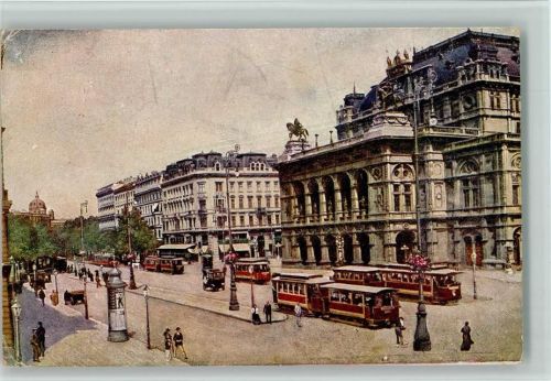 Wien 1918 Kilohot Künstlerkarte Hofoper und Opernring, Litfaßsäule, Straßenbahnen AK 2 Eckknicke