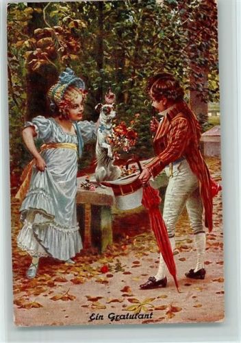 sign W. Schmidt - Ein Gratulant - Biedermeier Zeit - Glamour Kinder mit einem Hund, Regenschirm
