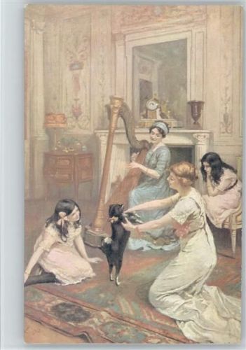 Hausmusik - Glamour Frau am Kamin und die Kinder spielen mit dem Hund - Salon 1912 - Sign Hurel