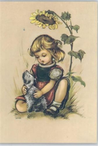 Mädchen mit einer sonnenblume und einem Hund
