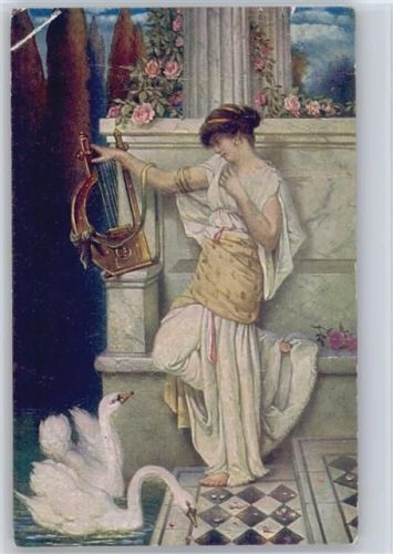 1907 sign Hölscher - Das verklungene Lied - Frau mit Harfe und Schwäne