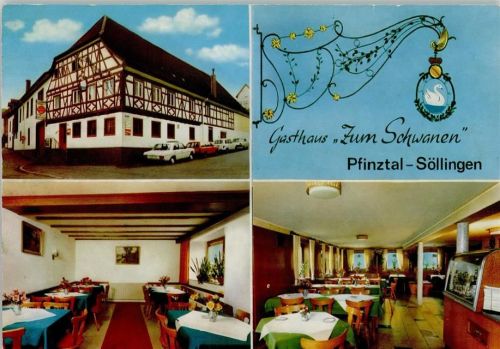 Pfinztal Gasthaus Zum Schwanen Innenaufnahmen Gastraum Fachwerkhaus Wirtshausschild 4-Bildaufnahme