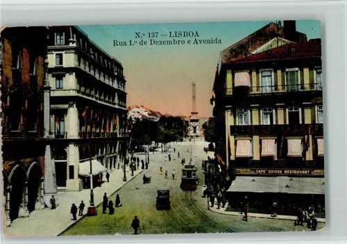1914 Rua 1 de Dezembro e Avenida , Straßenbahn, Cafe Suisso AK