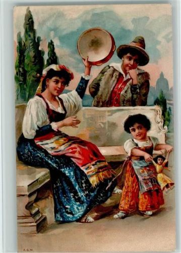 Frau mit einem Tamborin, Kind mit einer Puppe tanzt dazu - Trachten 1900 AK