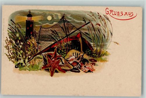 Gruss aus - 1898 Leuchtturm, Fischernetze, Muscheln, Seesterne