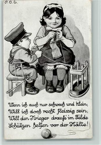 Kriegspostkarte Nr. 16 - WK I Kinder in Uniform - Für die Krieger stricken