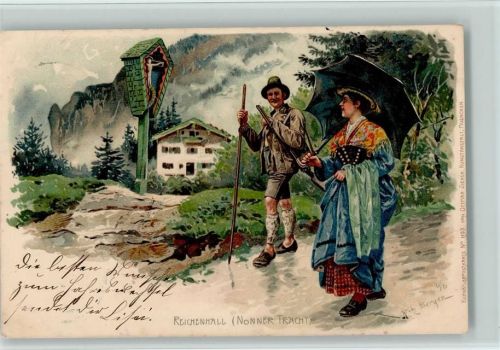 sign Fritz Berger - Nonner Tracht - , Regenschirm - Künstler AK von Zieher Nr. 1103 AK Flurkreuz / Marterl 1902 Lithographie