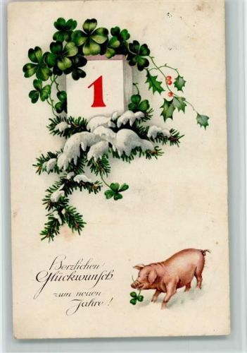 Neujahr - Datum, Tannenzweige mit Schnee, kleines Schwein 1927 AK