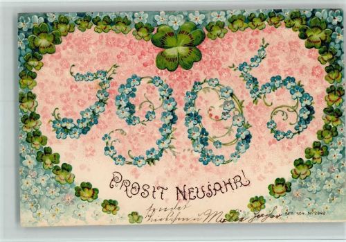 Herz aus Vergissmeinnicht und 1905 aus Blüten AK