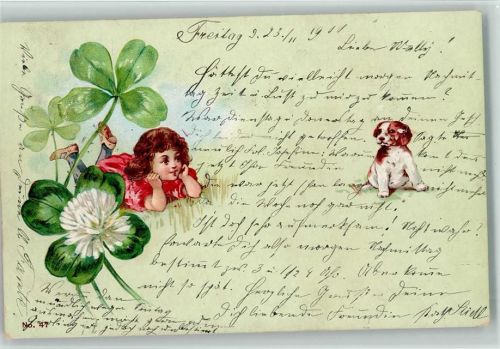 Kleeblätter, Mädchen mit einem Welpen 1900 AK