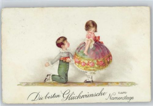 1931 Junge kniet vor dem Mädchen, hübsches Ballonkleid
