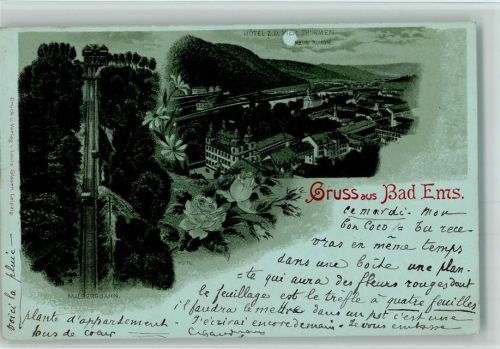 Bad Ems 1899 Hotel zu den Vier Türmen Neue Kirche Malbergbahn Blumen