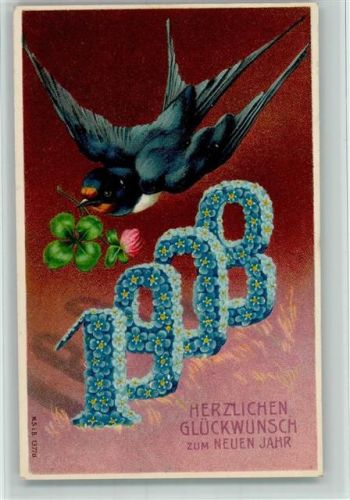 1908 in Blüten aus Vergissmeinnicht und eine Schwalbe mit einem Kleeblatt AK