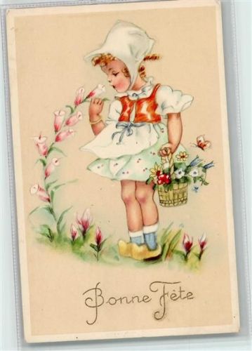 Bonne Féte - Mädchen mit Holzschuhen und Blumenkorb