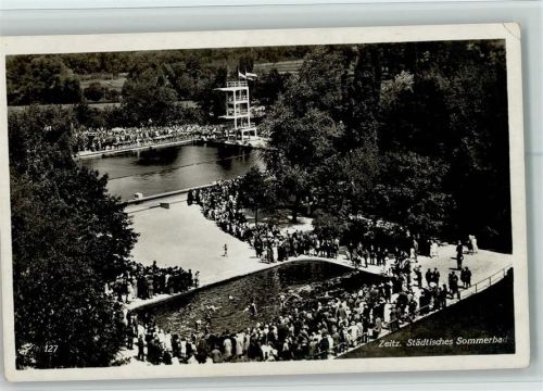 Zeitz 1935 Sommerbad mit vielen Gästen , Wettkampf , Eckknick