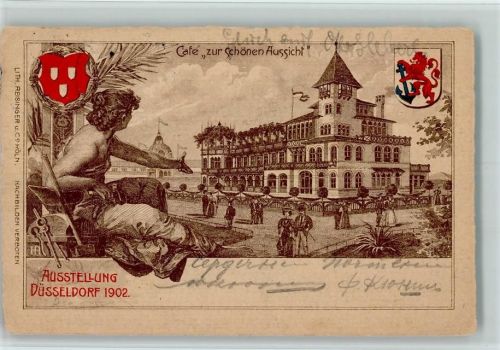 W4000 Düsseldorf Cafe zur schönen Aussicht - Wappen AK Gewerbeausstellung 1902 Lithographie