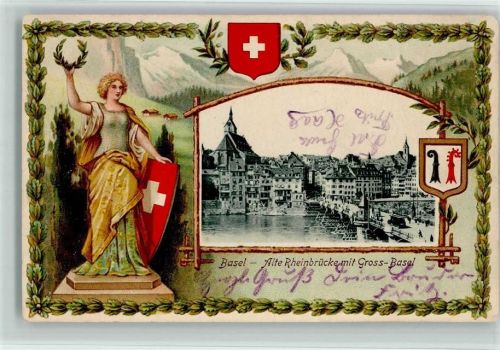 Basel 1903 Alte Rheinbrücke mit Gross-Basel Lithographie/Prägedruck
