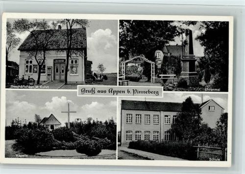 Appen 1974 Kriegerdenkmal, Geschäftshaus Kuhrt, Schule, gute Erhaltung AK