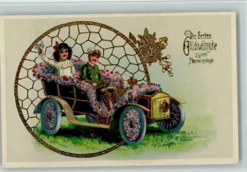 1908 Namenstag - Kinder im Blütenauto