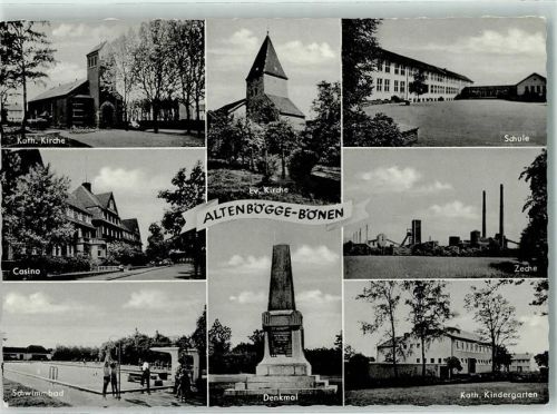 Bönen Kath. Kirche Ev. Kirche Schule Casino Zeche Schwimmbad Denkmal Kath. Kindergarten