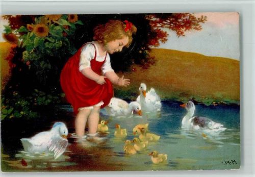 Mädchen mit Gänsen und Küken 1925 AK Meissner & Buch