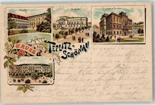 Teplice 1896 Herrenhaus Stadttheater Kaiserbad Kursalon Neubad Lithographie