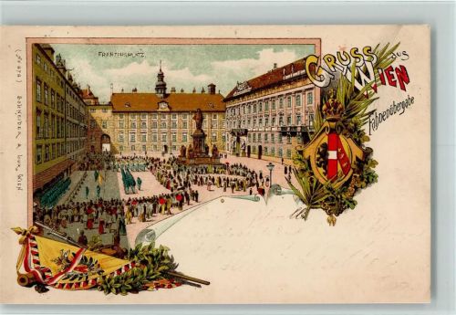Wien 1897 Gruss aus - Franzensplatz , Fahnenübergabe - Wappen, Ereignis