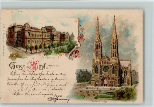 Wien 1. Bezirk, Innere Stadt Gruss aus - Universität, Votivkirche - Verlag Edgar Schmidt Nr. 809 Edgar Schmidt, Dresden 1899 Lithographie