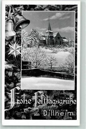 Dillheim Kirche Winter Glocken Tannenbaum