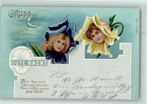 Kinderköpfe in Blüten - Gute Nacht 1899 AK