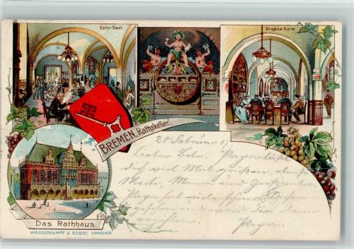 Bremen 1907 Rathskeller Innenaufnahmen Echo-Saal Grosse Halle Rathaus Wappen Trauben
