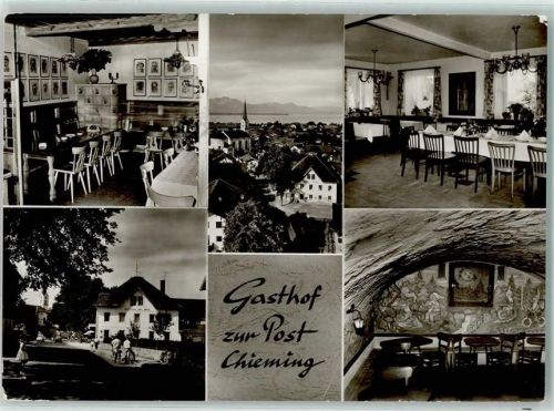 Chieming Gasthaus Zur Post Inh. Johann Wiederhut Gastraum Kachelofen gedeckter Tisch Fahrrad Gewölbe Wandbemalung
