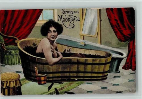 Gruß aus dem Moorbade - Frau sitzt in einer Holzbadewanne - Kur 1908 AK