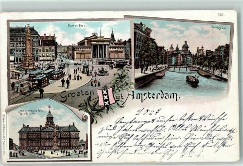 Amsterdam 1902 Dam en Beurs Pferdestraßenbahn Voorburgwal Her koniklyke Paleis op den Dam Lithographie