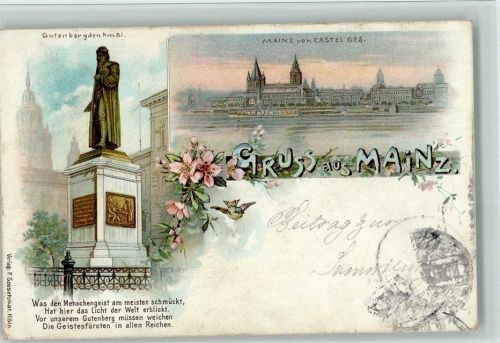 W6500 Mainz a Rhein Gutenbergdenkmal Panorama 2-Bildaufnahme Gutenberg 1897 Lithographie