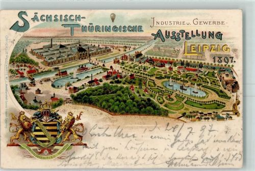 Leipzig 1897 Lithographie Wappen Ballon + Ausstellungsstempel 24.7.97