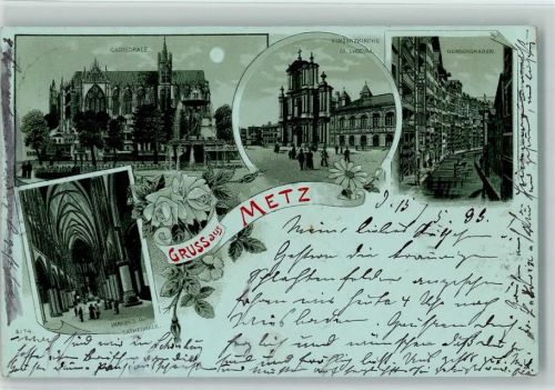 Metz 1899 Lithographie Kathedrale Vinzenzkirche mit Lyceum Gerbergraben