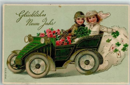 1907 Neujahr - Kinder werfen Kleeblätter aus dem Auto AK