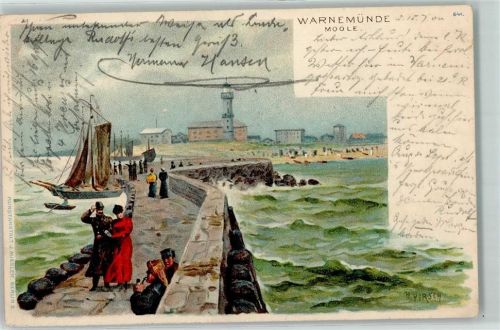 Warnemünde 1900 Moole sign. H. Hirsch Segelboot Leuchtturm Tabakspfeife Uniform