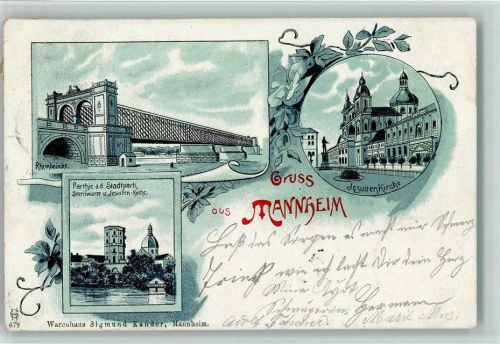 Mannheim 1900 Rheinbrücke Jesuiten-Kirche Partie am Stadtpark Sternwarte