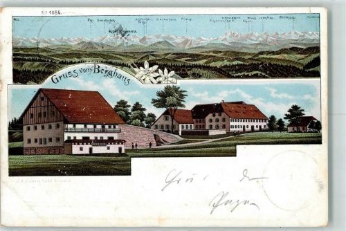 79777 W7899 Ühlingen 1900 Gebrauchsspuren Berghaus Alpenpanorama Lithographie Ort lt. Stempel