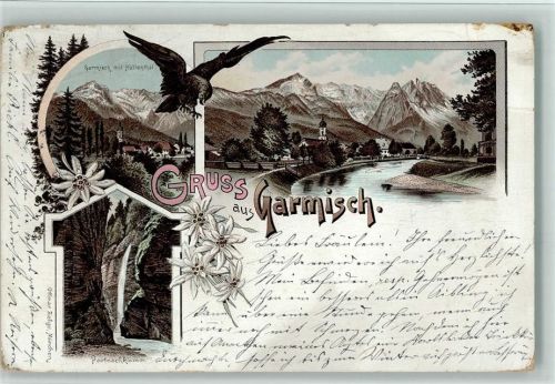 Garmisch 1897 Garmisch mit Höllental Ortsansicht Partnachklamm Edelweiss Adler 3-Bildaufnahme