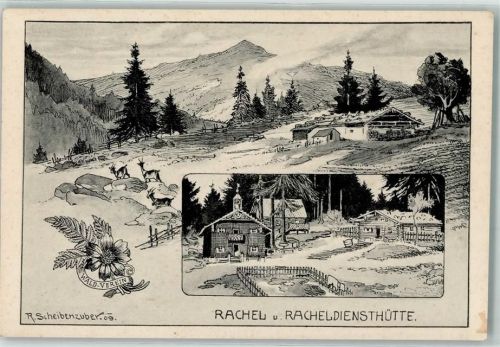 Rachel Künstlerkarte Rachel Racheldiensthütte Gämse Wappen Wald-Verein sign. R. Scheibenzuber 1909