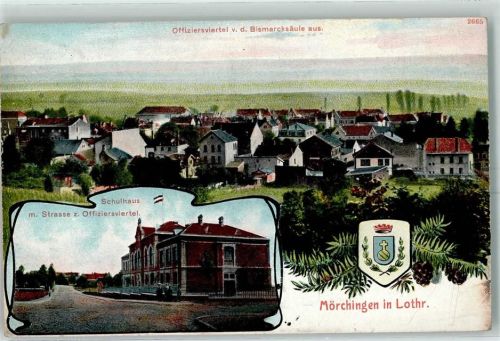 Morhange 1908 Offiziersviertel v. d. Bismarcksäule aus Schulhaus mit Straße zum Offiziersviertel