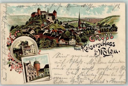 Mylau 1897 Kaiserschloss Schlosshof Rathaus Lithographie