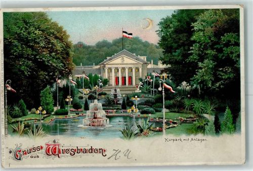 W6200 Wiesbaden 35755 Dess 7 Gruss aus Lithographie Kuranlagen AK HGL, Verlag Hagelberg 1900 Karte beschädigt
