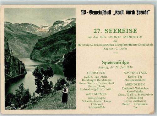 Dampfer Monte Sarmiento 27. Seereise Speisekarte Sonntag 28. Juni 1936