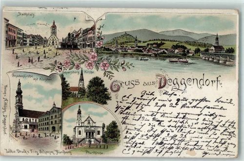 Deggendorf 1897 Stadtplatz Gnadenkirche mit Kloster Geyersberg-Kirche Pfarrkirche Lithographie