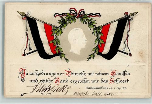 1915 Reichtagseröffnung 1914 Kaiser Wilhelm II Schwarz-Weiß-Rot Fahnen und Spruch Verlag EAS K 85 AK